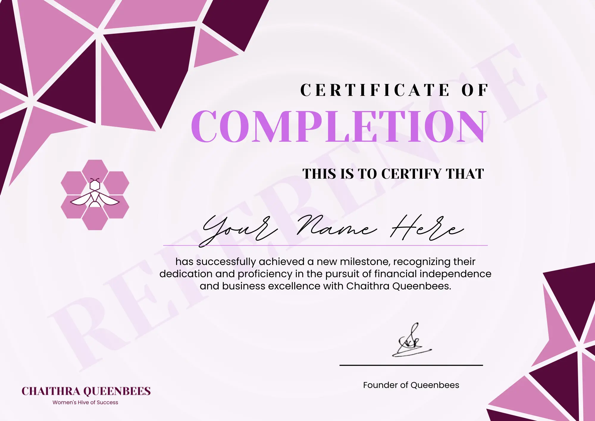 Queenbees Completion Certificate